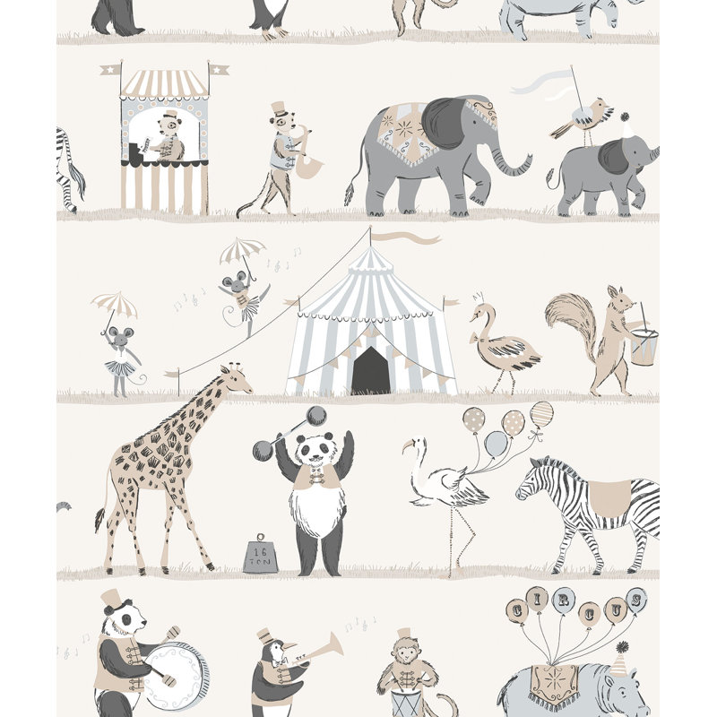 Just 4 Kids 2 Circus Animals Design 33' L x 21" W Wallpaper Roll, Gray/Beige/White