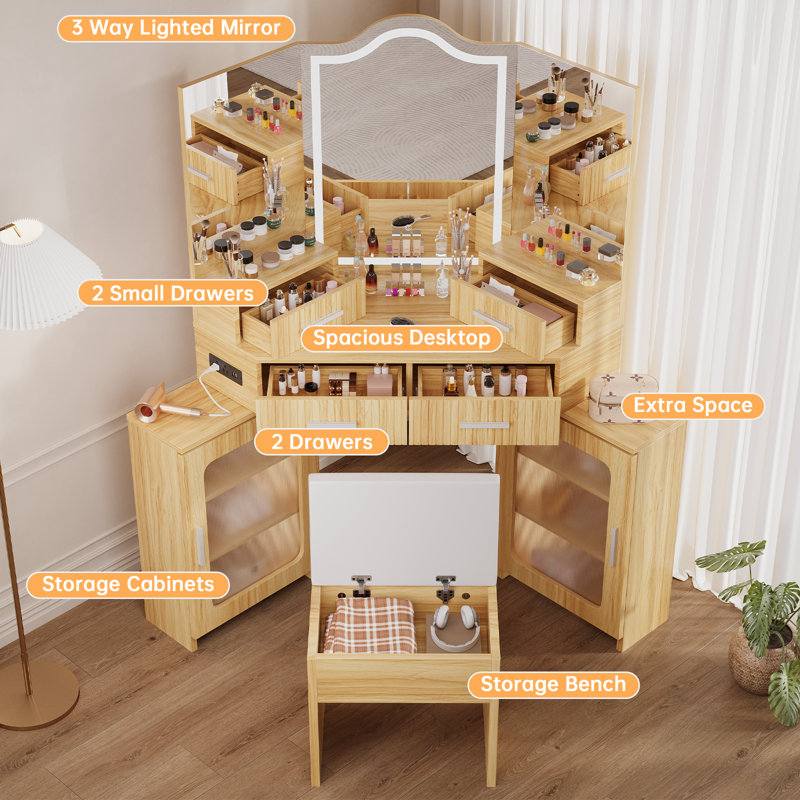 Tri-fold Makeup Vanity Desk With Led Mirror And Outlets, Fluted Dressing Table With 4 Drawers And 2 Storage Cabinets