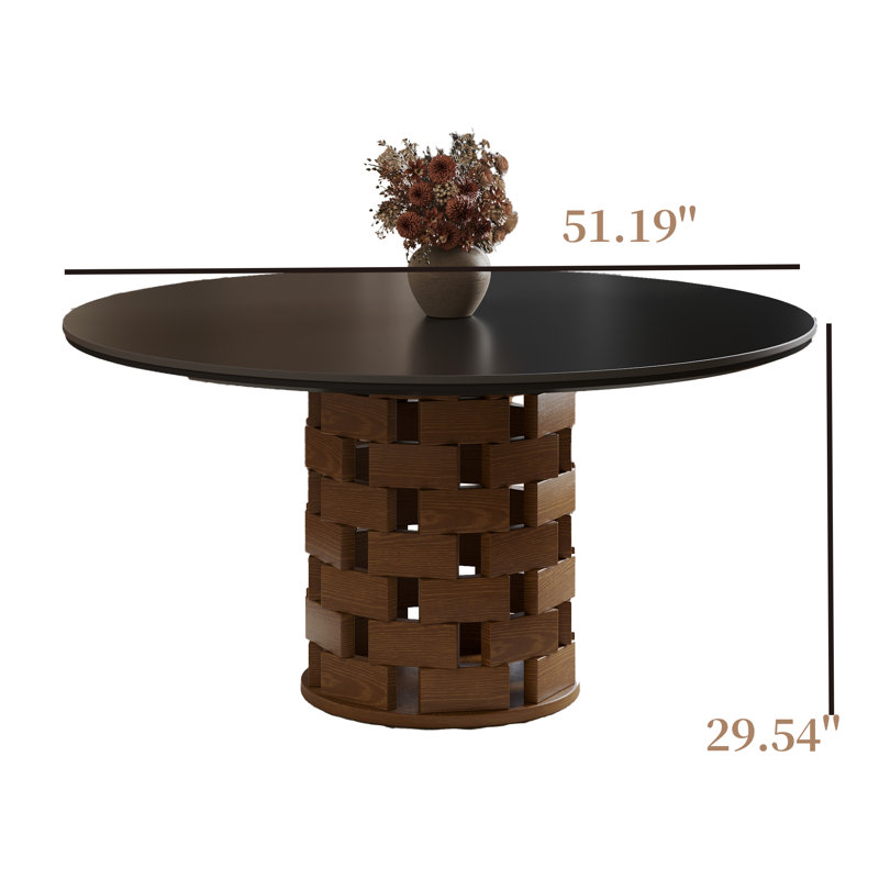 Contemporary 5-piece Dining Set, Round Black Sintered Stone Table With Sculptural Woven Wood Pedestal, 4 Upholstered Linen Chairs With Brown Solid Wood Legs
