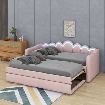 Daybed With Pop Up Trundle, Extendable Daybed With LED Lights, Velvet Upholstered Corner Sofa Bed