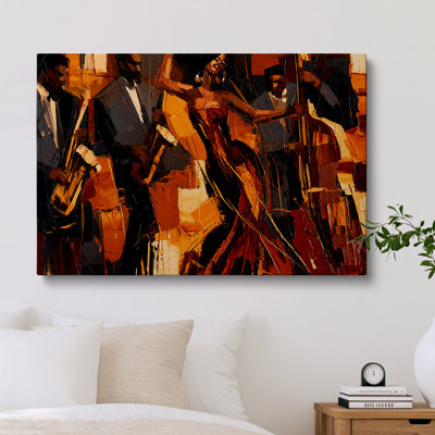 Tableau abstrait contemporain représentant un quatuor de jazz afro-américain avec des chanteurs, impression sur toile 40 x 28 pouces - Décoration de salon