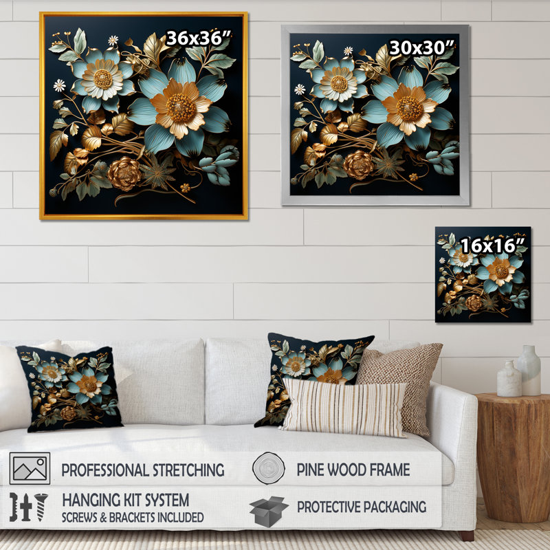 Feuillage doré doré sur toile, Cadre simple blanc, H 24 po x l 24 po x P 1 po