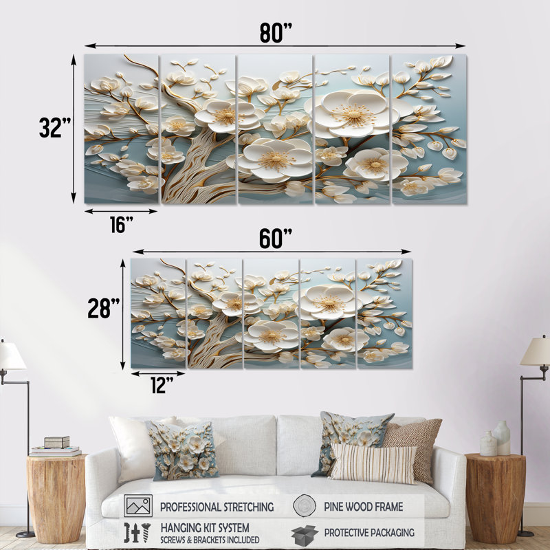 Orchidée blanche jardin de branches III - ensemble d'art mural floral abstrait 5 pièces, H 28 po x l 60 po
