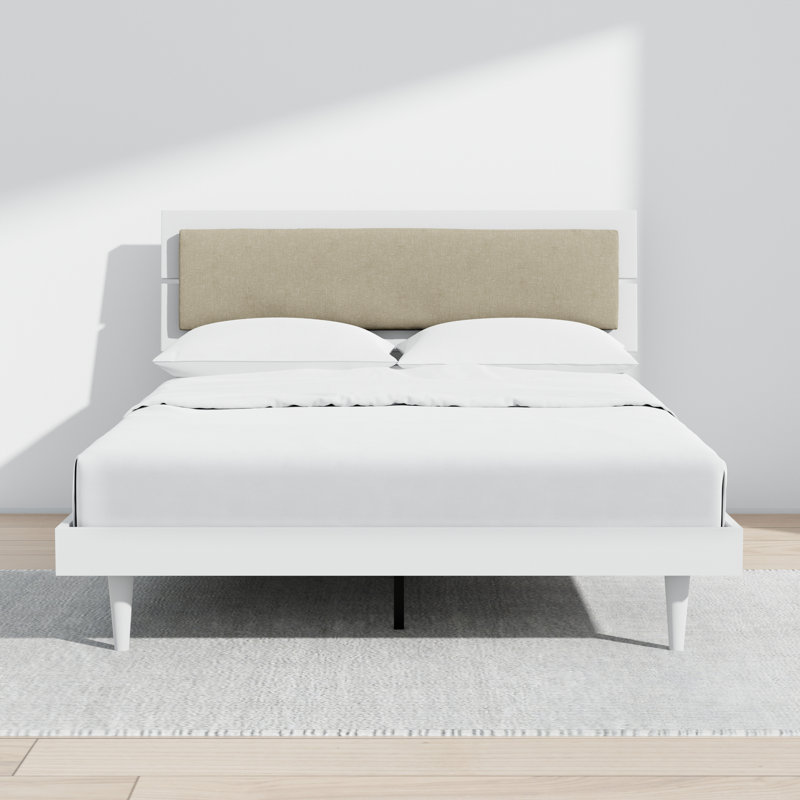 Benoni Wooden Bed With Taupe Cushion, White, Queen