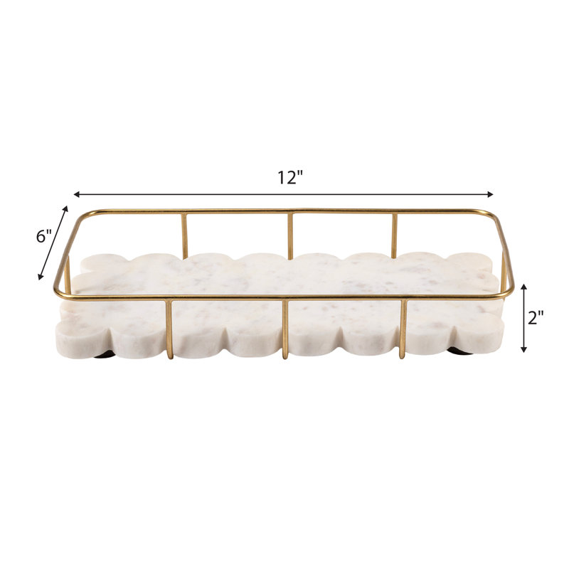 Monarch 12" x 6" Modern Industrial Metal/Marble Scalloped Base Vanity Tray, White Marble/Gold