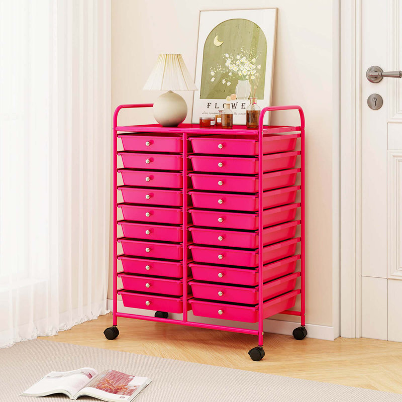20 Drawers Rolling Storage Cart Art Craft Organizer On Wheels Multipurpose Hot Pink