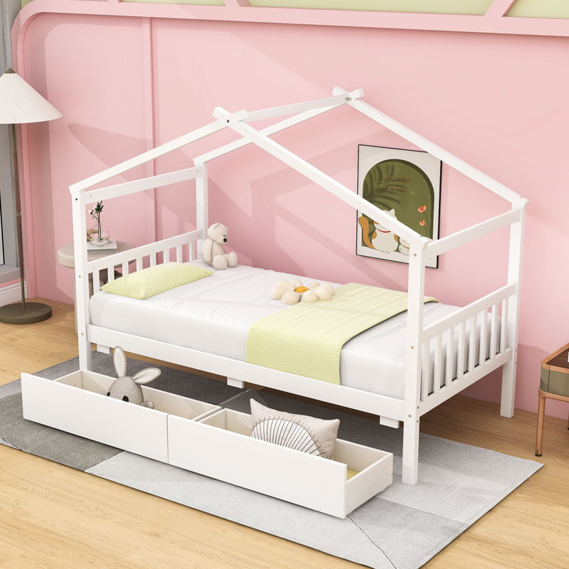 Twin Size Wooden House Bed With Drawers, White