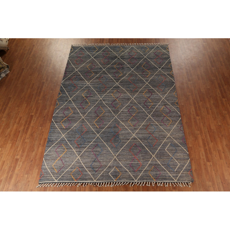 Tapis marocain gris et bleu à motif de treillis 9 x 13