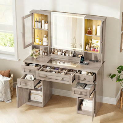 Farmhouse Vanity Desk With Led Mirror, Rgb Light Cabinets & Charging Station, 5-drawer Makeup Table With Adjustable Lighting, Power Outlet, Ample Stor by Wrought Studio