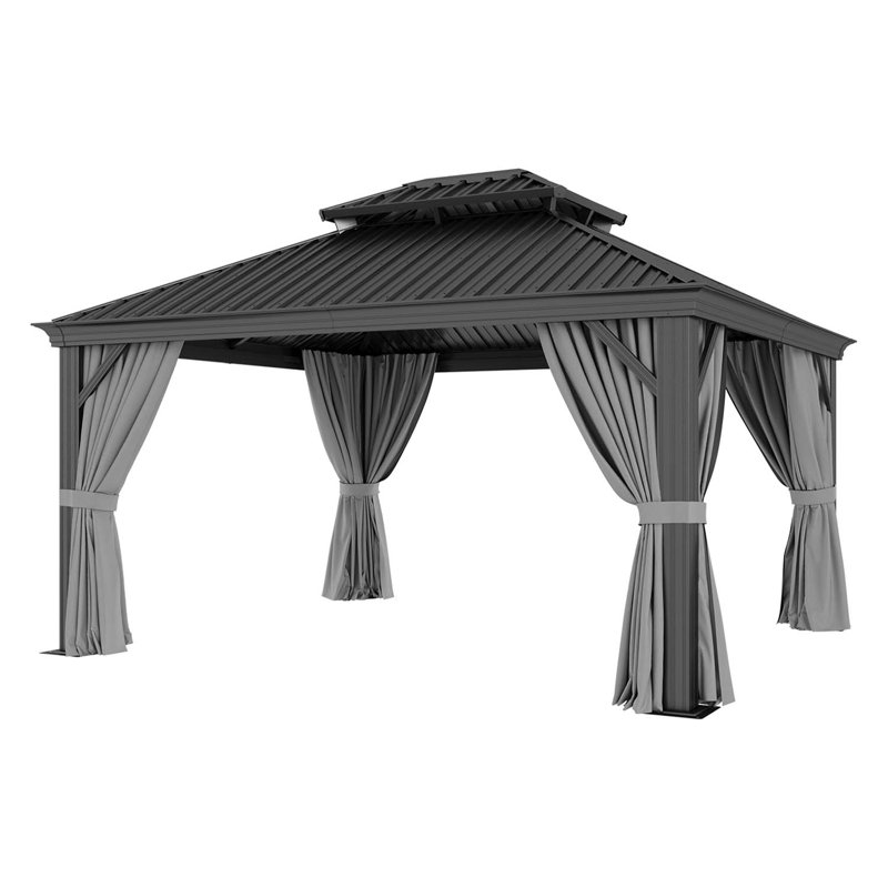 Pavillon de jardin d'extérieur à toit rigide 14 'x 12' avec toit et rideaux en acier galvanisé, 14 pi x 12 pi