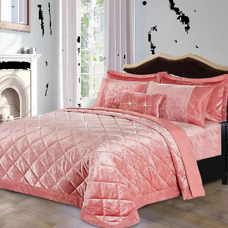 Velvet Bedspread with Pillow Shams, Pink, Super King Bedspread+ 2 Standard Shams