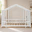 Lit plateforme double avec baldaquin en tissu transparent et guirlandes lumineuses-678601077-678601078