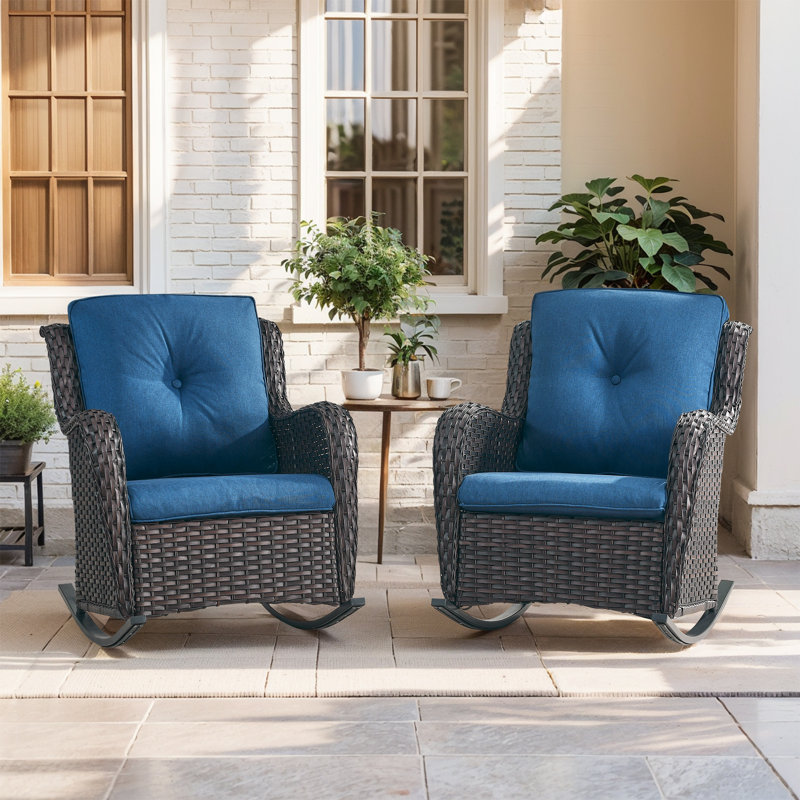 Ensemble de chaises berçantes d'extérieur en osier avec coussins 2 pièces Dahlyla, Bleu, Gris