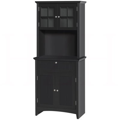 Élégant buffet avec huche - armoire de rangement pour garde-manger - avec porte vitrée encadrée, tiroir et espace pour micro-ondes, noir