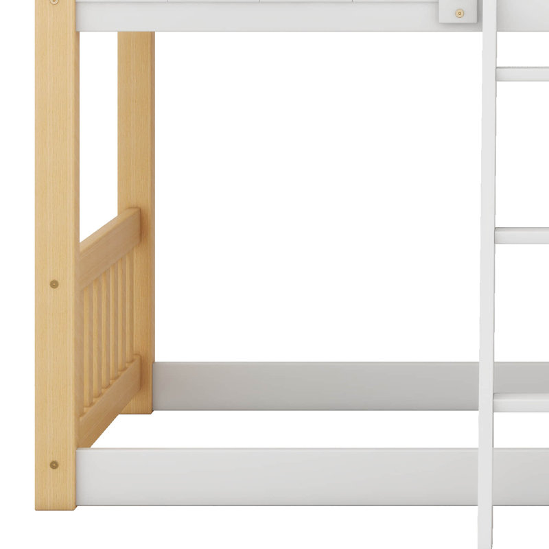 Twin Over Twin House Bunk Bed With Safety Guardrails And Ladder, Natural/White