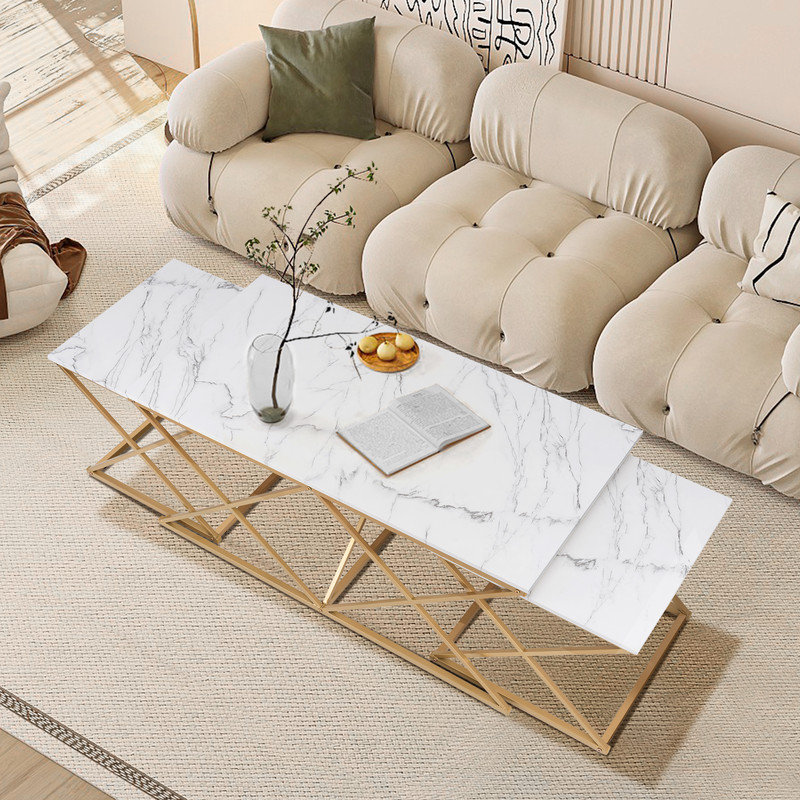 Nesting Coffee Table Set of 3, Faux Marble Top with Golden Frame