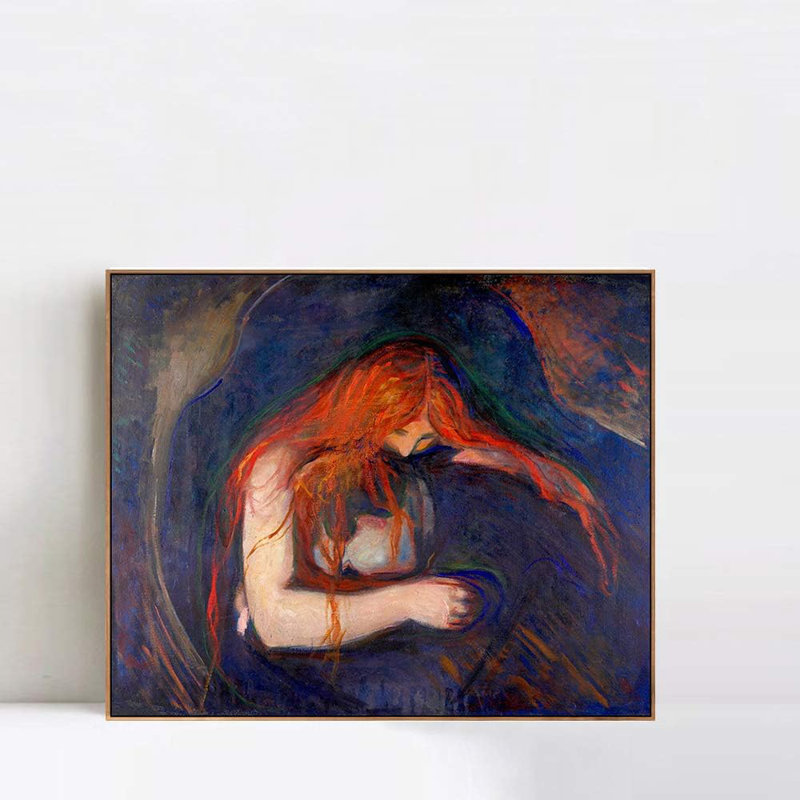 Impression sur toile encadrée, impression de vampire, 1895 par Edvard Munch, décoration murale pour bureau à domicile (cadre en bois de couleur mince, 24 po x 28 po)