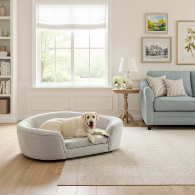 Oversized Oval Semi-Enclosed Dog Sofa With Durable Linen, Button-Tufted Backrest, And High-Center Low-Sides Support For Plush Comfort