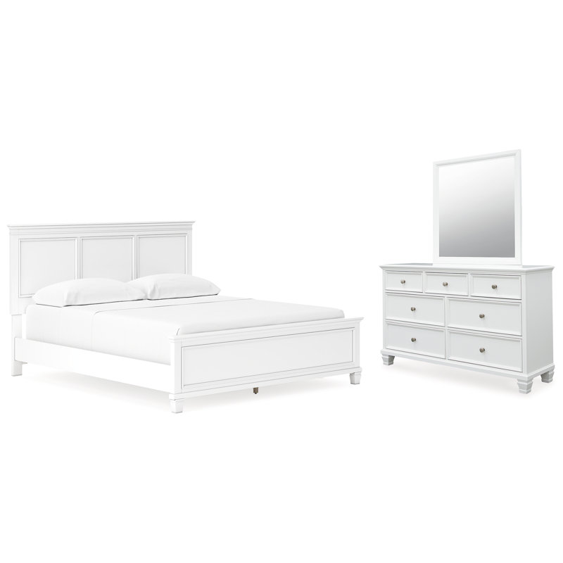 Très grand lit à panneau, commode et miroir Danabrin California, Blanc