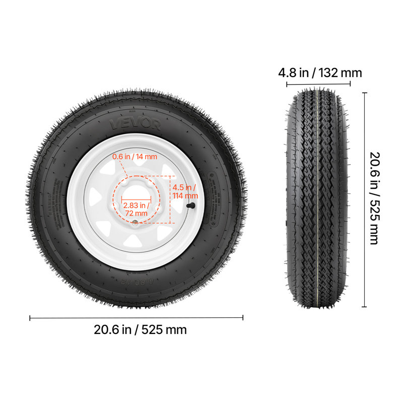 Trailer Tire Rim Assembly 4.80-12 with 5 Lug on 4.5 in PCD, 6 Ply Load Range C Trailer Tire on 12" White Rims, 2.8 in Center Bore, Max Load 990LBS 90PSI for Utility/Boat/Camper Trailers