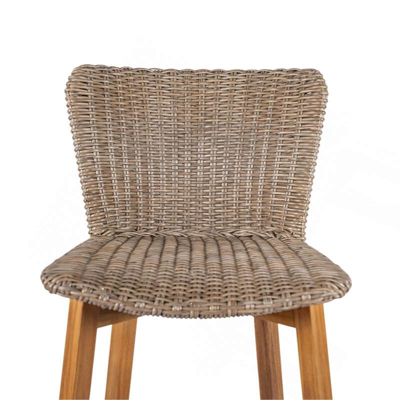 Lymington Outdoor Bar Stool, Teak Finished Wood With Wicker, Set Of 2, Light Brown