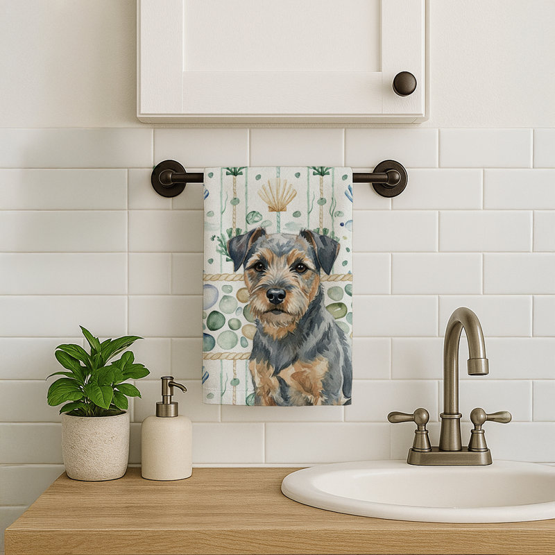 Blue and Tan Border Terrier Coastal Sea Glass Kitchen Towel, Blue and Tan Border Terrier