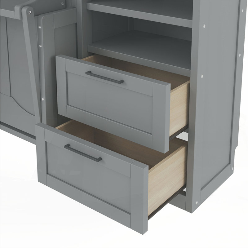 Lit escamotable double pleine grandeur avec placard, tiroirs et tablettes, Gris