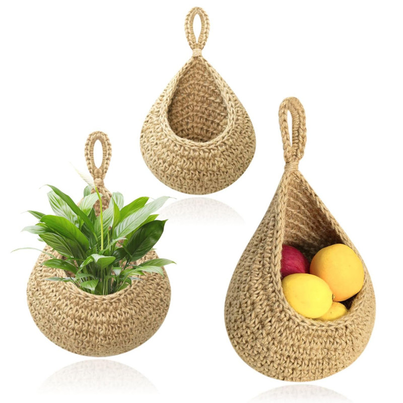 Boho Wall Hanging Fruit Baskets For Kitchen, Woven Produce Holder, Vegetable Hanging Basket For Organizing Teardrop Home Wall Potato Onion Storage And Potted Plants