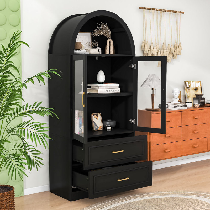 Grande armoire de rangement arquée avec portes et tiroirs en verre, bibliothèque autoportante avec charnières à fermeture en douceur