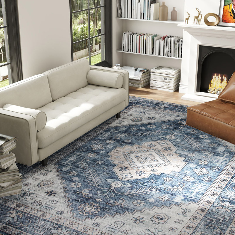 Tapis vintage lavable à la machine pour le salon, bleu, Rectangle 9 pi x 12 pi