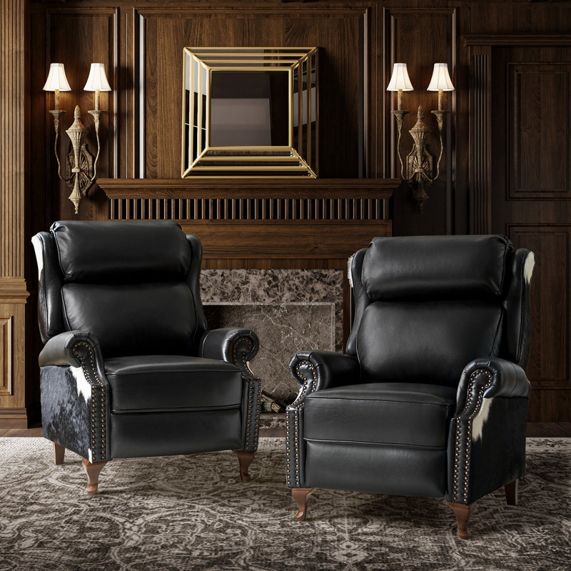 Terecita Traditional Richard Cowhide Genuine Leather Manual Recliner (Set of 2), Black