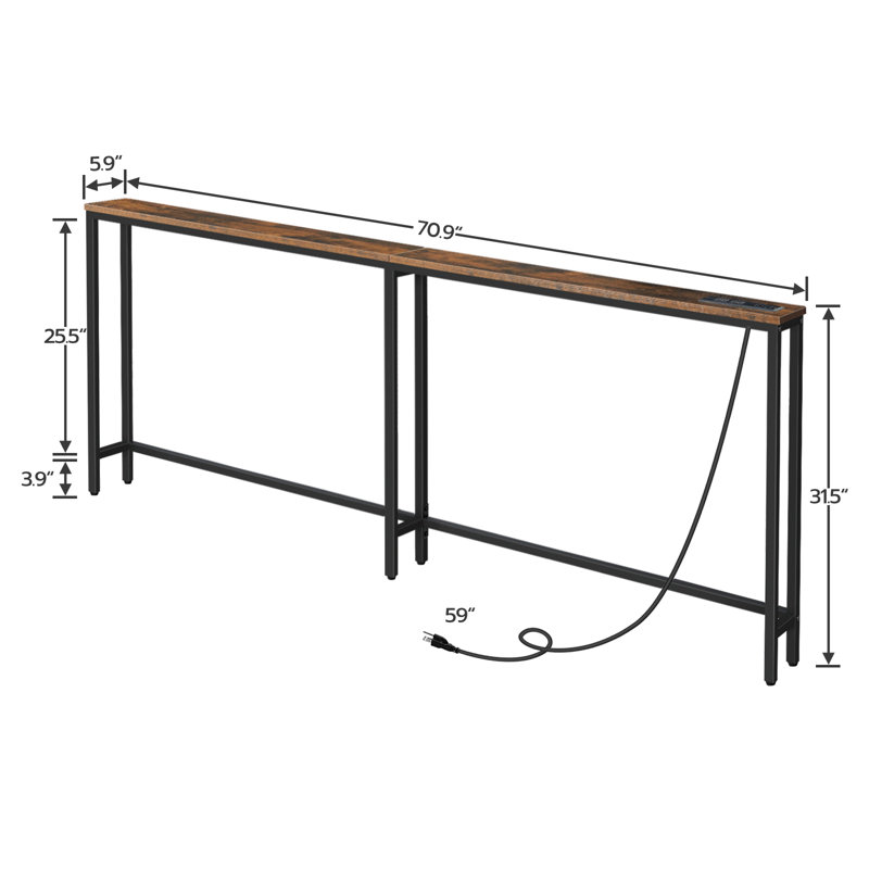 Castiglione Console Table Sofa Table with Power Outlet, 31.5" H x 70.9" W x 5.9" D, Brown