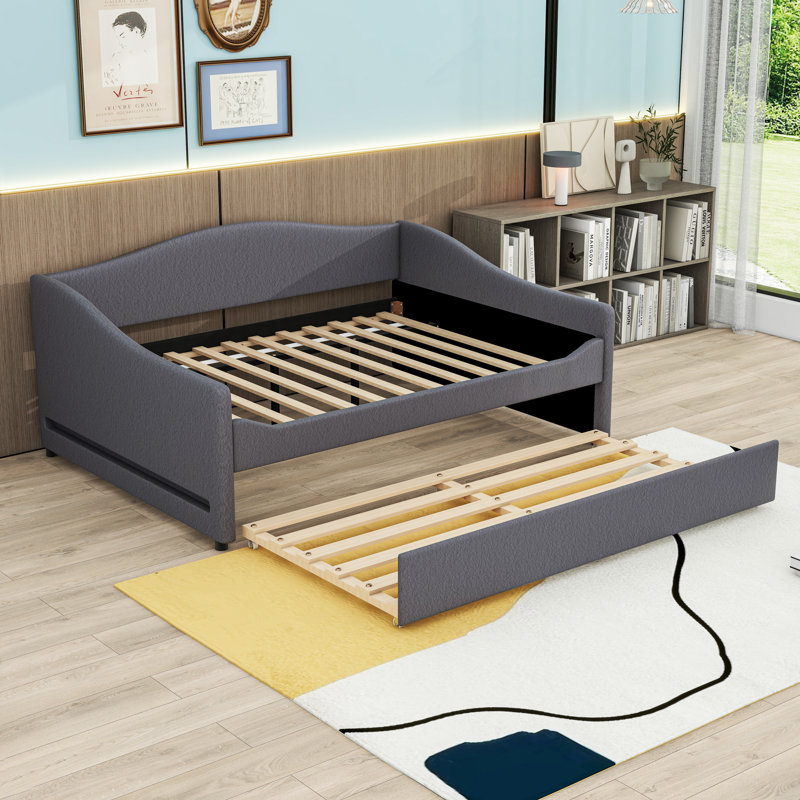 Upholstered Daybed with Trundle and LED Lights, Gray, Full/Double