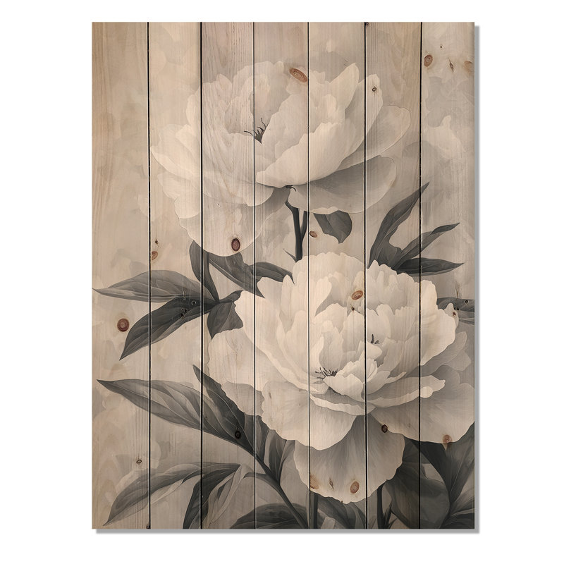 Monochrome Soft Focus Peonies I - Peonies Wood Print - On Natural Pine Wood, 20" H x 10" W x 0.78" D