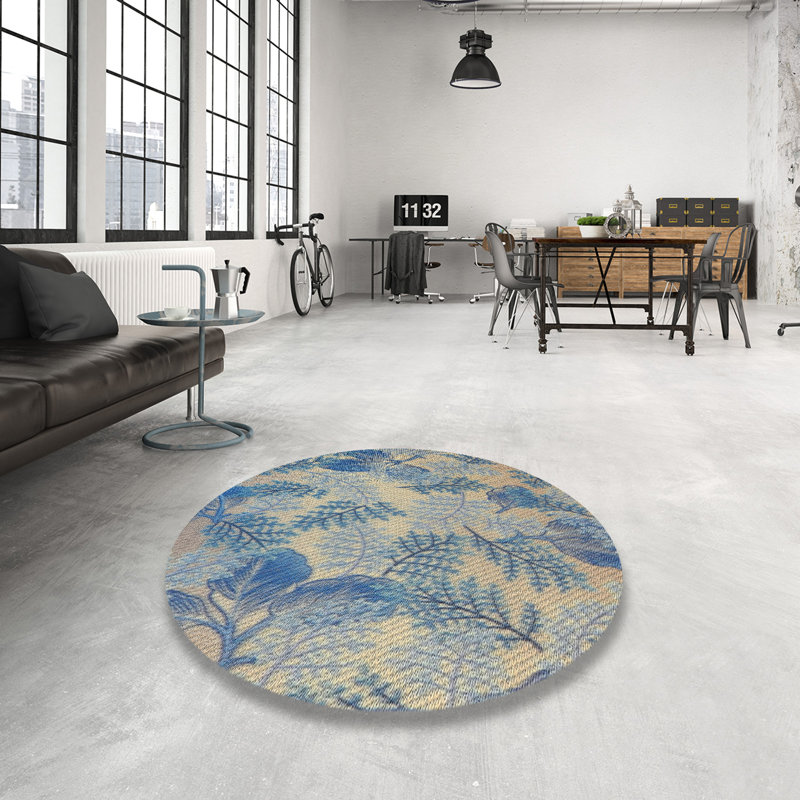 Tapis bleu/jaune à motifs, Rond 3 pi