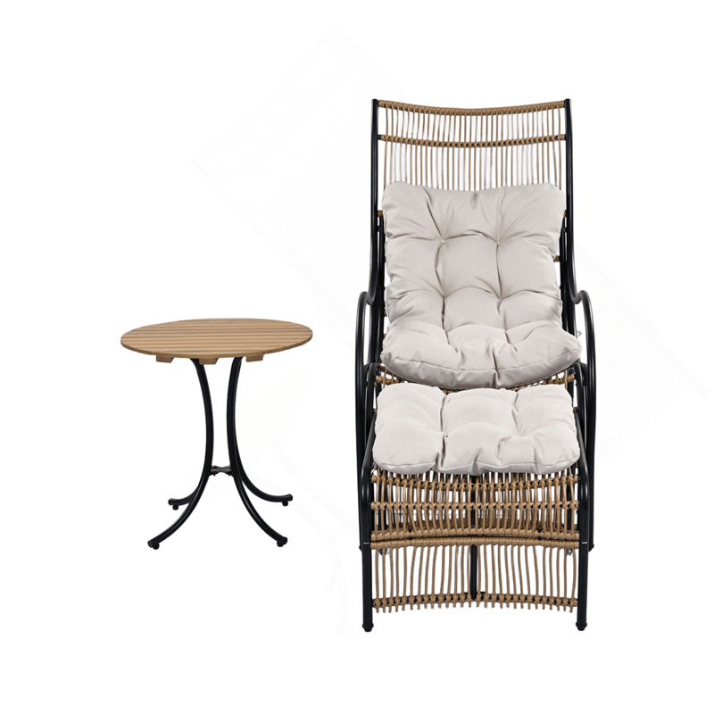 3 Pieces Wicker Outdoor Patio Furniture Set With Lounge Chair, Balcony Chairs Table Set With Cushions, Ottoman, Patio Conversation Sets For Garden ,Deck,And Porch