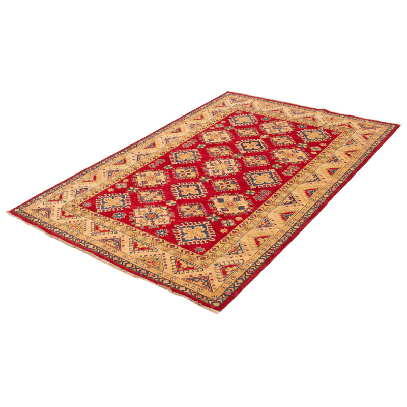 Tapis rouge en laine noué à la main de conception unique 6 pi 7 po x 9 pi 10 po New Age