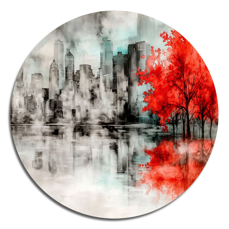 Paysage urbain d'automne Urban Oasis - décoration murale ronde urbaine, art mural de salon rouge, H 29 po x l 29 po