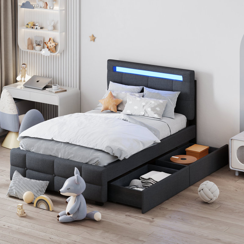 Lit plateforme simple tapissier avec 2 tiroirs de rangement, moderne et élégant, gris