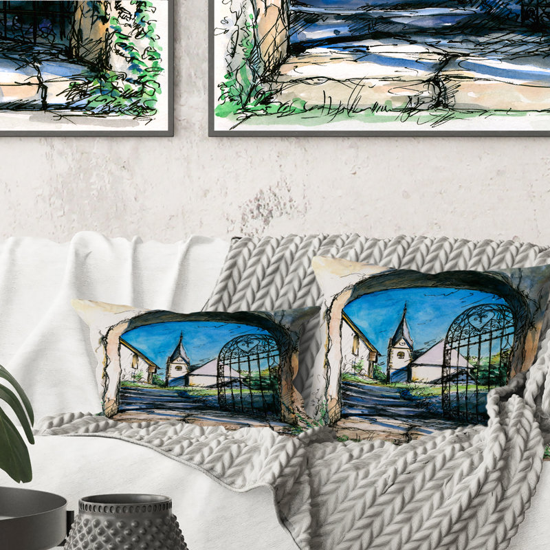 Gate to Churchyard Under Blue Sky - Coussin décoratif moderne imprimé Mid-Century, 18 po x 18 po