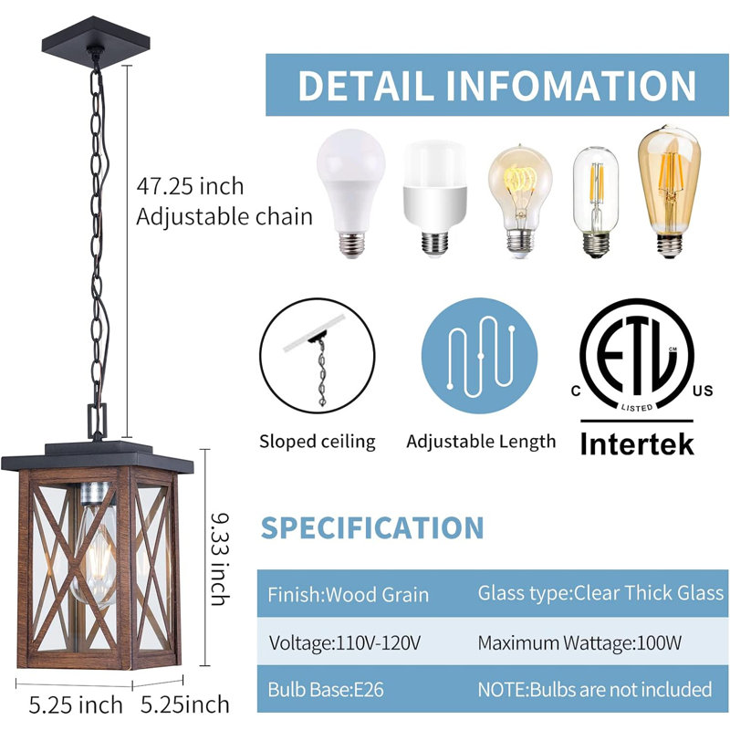 Luminaire suspendu d'extérieur câblé 9,33 po, Brun