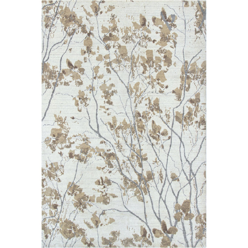 Almond Blossom Floral Hand Knotted Wool Ecru Area Rug, Rectangle 6' x 9'