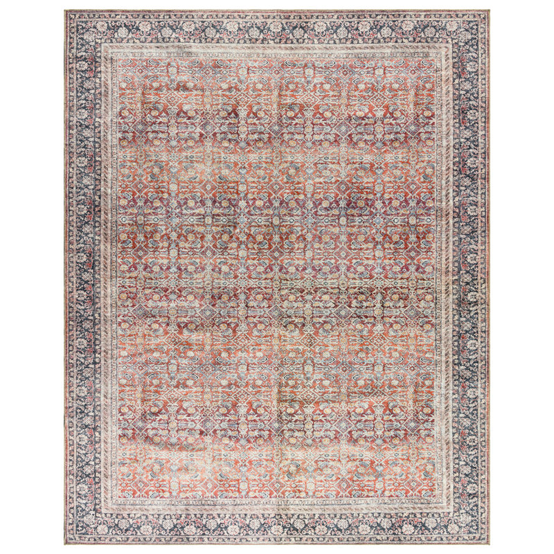 adamstown Emporia Fardad Machine Washable Traditional Border Indoor Area Rug, Brown Rust Cream Non-Slip Chenille – Living Room & Bedroom
