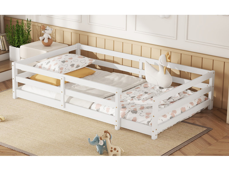 Twin Size Floor Bed,Montessori Floor Bed With Fence,Kids Montessori Bed Twin Size,Wood Montessori Floor Bed For Kids,White.