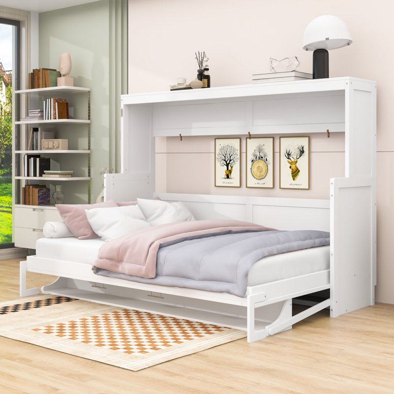 Lit escamotable en bois avec tablettes de rangement et lattes, Complète, Blanc