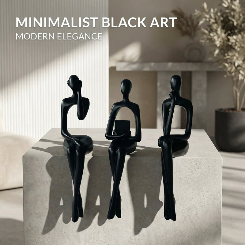 3pcs Modern Minimalist Human Figure Sitting Pose Resin Ornaments,, Black