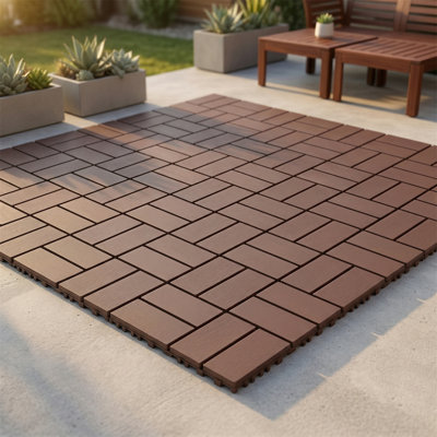 44 carreaux de sol à emboîtement extérieur brun 44 pièces, installation à encliquetage sans outil de 12 po x 12 po, PP haute résistance, imperméable et résistant à la corrosion, drainage creux, antidérapant