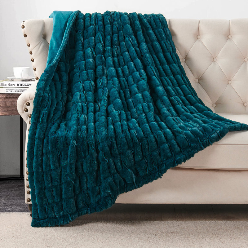  Jeté en fausse fourrure extensible, Bleu sarcelle, L 50 po x L 60 po