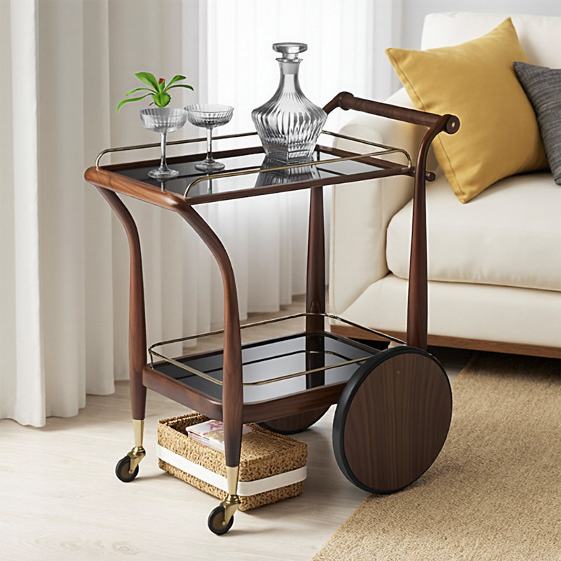 Chariot à roulettes 31,5 po en bois massif et verre rétro, chariot de bar à deux niveaux, grande table de rangement et de présentation lumineuse