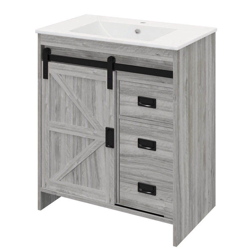  30" Farmhouse Single Bathroom Vanity With Ceramic Top, Sliding Barn Door Sink Vanity, Grey